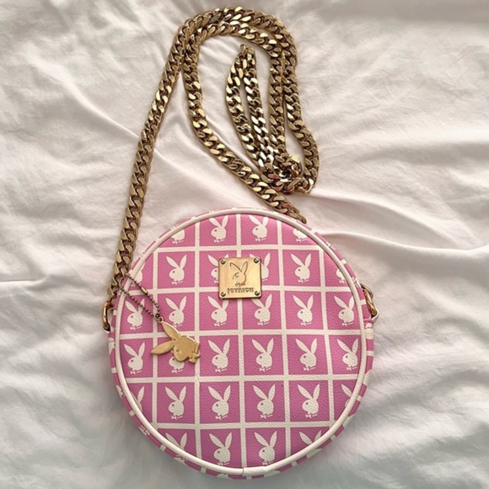 Rare Playboy x Joyrich Pink Monogram Crossbody Bag Gold Chain Round Purse